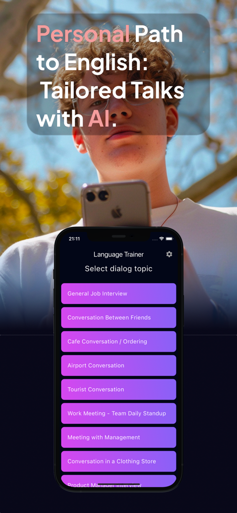 Fluent - Your AI English Talks - Smartphone screen displaying various English conversation topics for AI practice in the Fluent app.