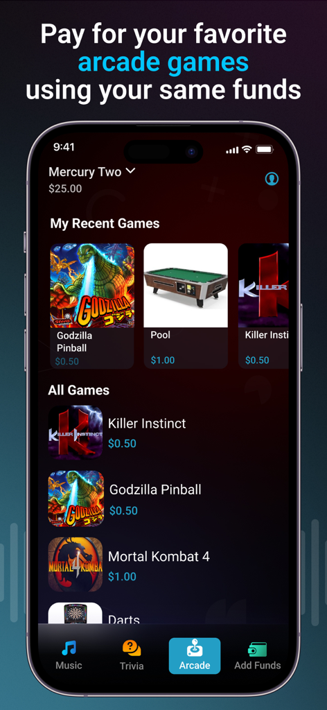 Tela do aplicativo AMI Play mostrando jogos de arcade como sinuca e fliperama com seus preços