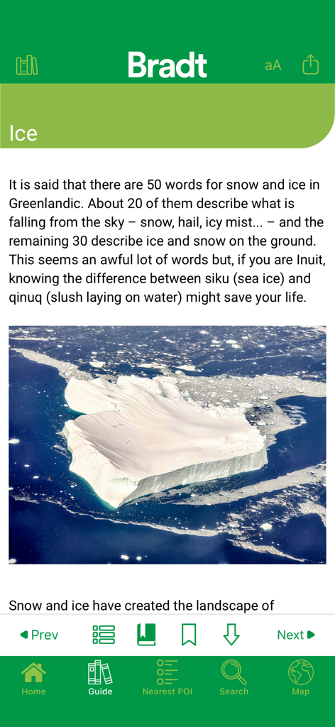 Un écran de l'application Bradt Guides affichant un guide éducatif sur la glace et la neige au Groenland avec une photo d'un iceberg.