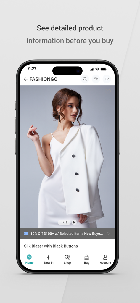 Mobile app screen showing detailed product information for a wholesale silk blazer