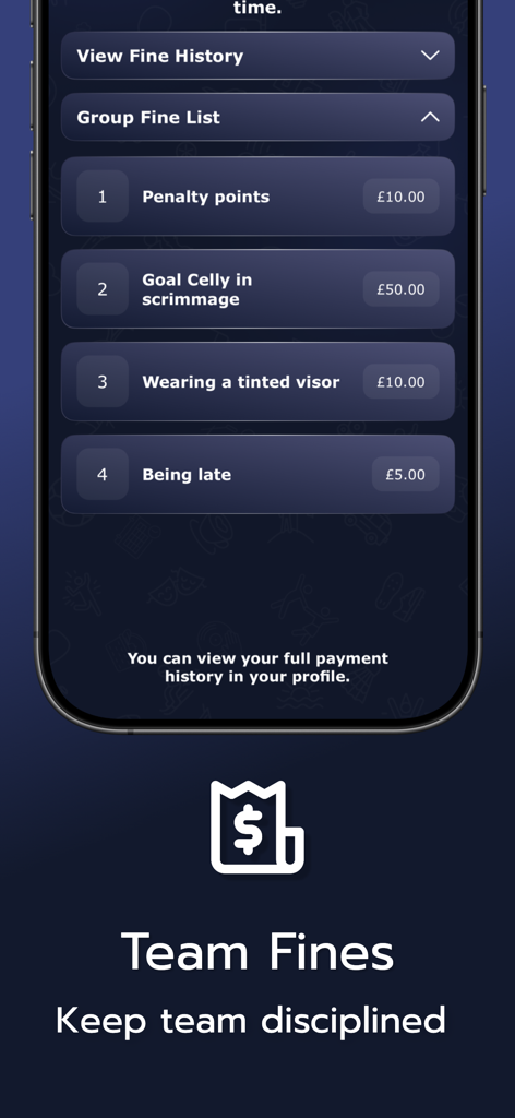 Invitem - Mobile app screen showing a list of team fines including being late and penalty points with assigned monetary values.