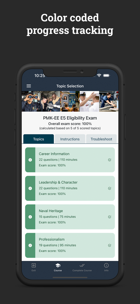 PMK-EE mobile app screen showing color-coded progress tracking for the E5 eligibility exam with 100 percent scores in various topics