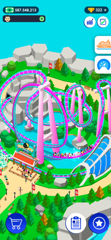 A pink roller coaster and park visitors in Idle Theme Park Tycoon game