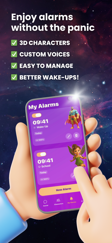 Schermata dello smartphone che mostra l'interfaccia dell'app Snoozd Alarm Clock con personaggi 3D di supereroi e fate per le sveglie mattutine.