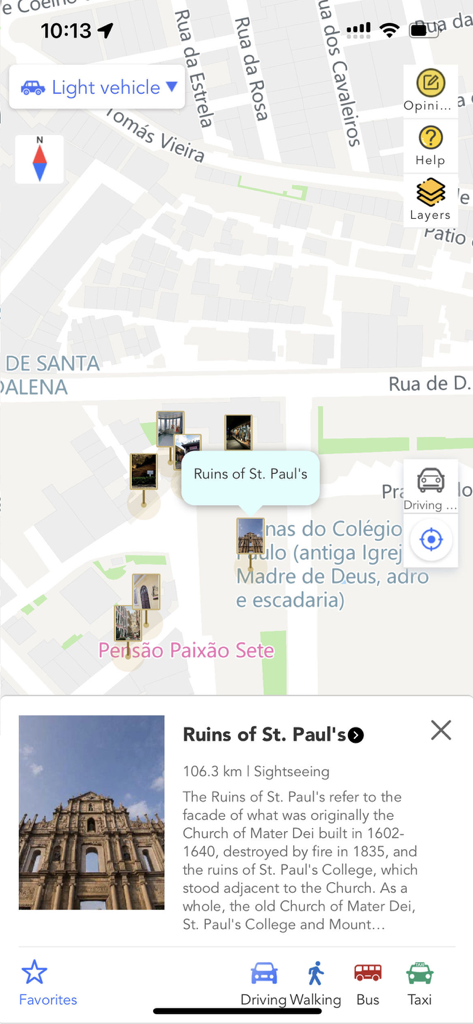 Macao Smart Go app map displaying the Ruins of St Pauls with various transportation and navigation options
