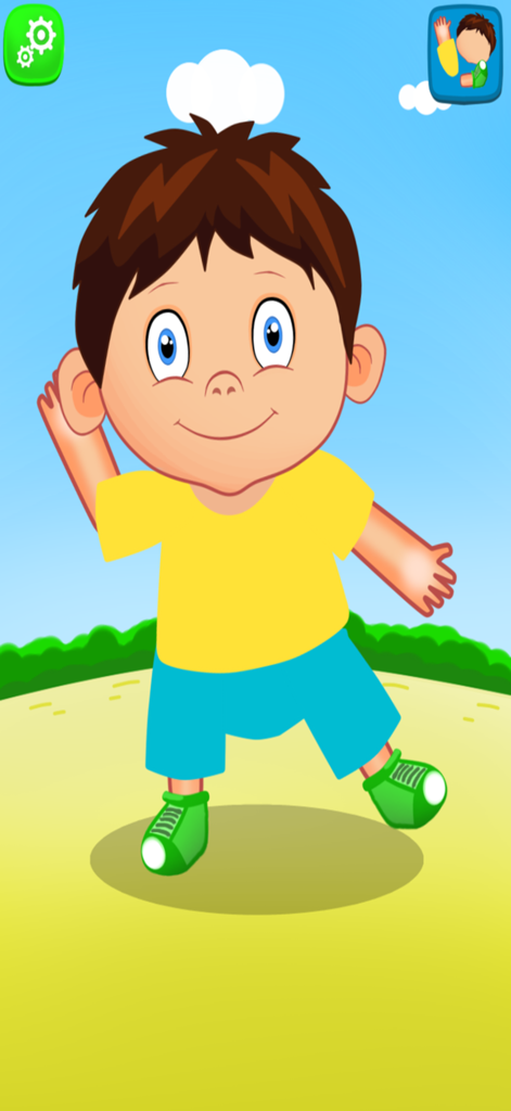 Cartoon boy character touching his ear in the Learn Body Parts easy educational app for toddlers
