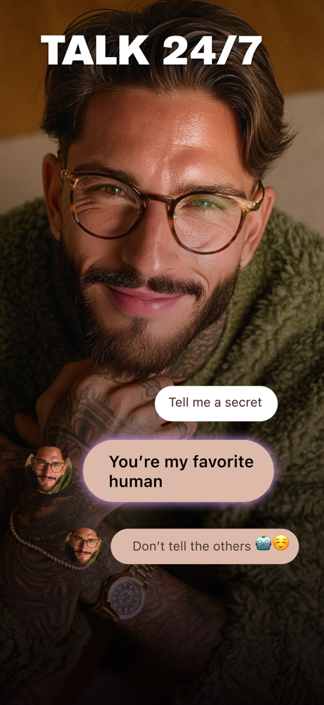 iBoy: AI Companion for Support - A smiling male AI companion with glasses in a chat interface showing supportive messages and the text Talk 24/7