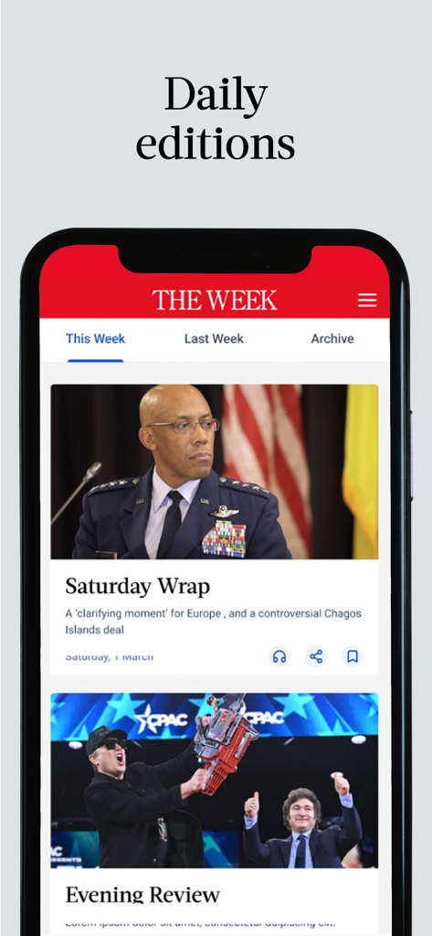 The Week - US Edition - The Week US Edition mobile app interface showing the daily news editions tab