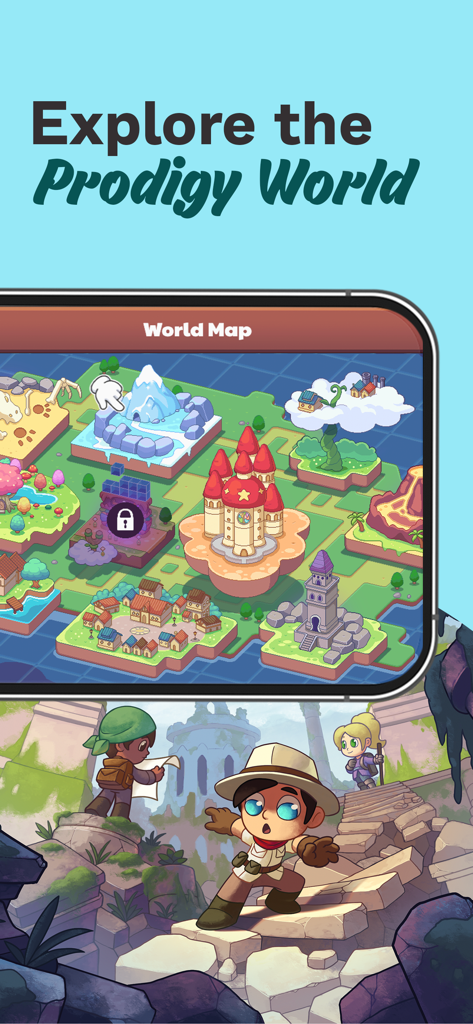 Prodigy Math Game - A vibrant fantasy world map from the Prodigy Math Game app showing diverse regions and adventurous characters.