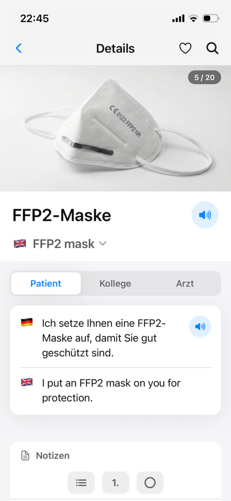 Pantalla de la aplicación PflegeMate que muestra el vocabulario médico en alemán para una mascarilla FFP2 con traducción al inglés.