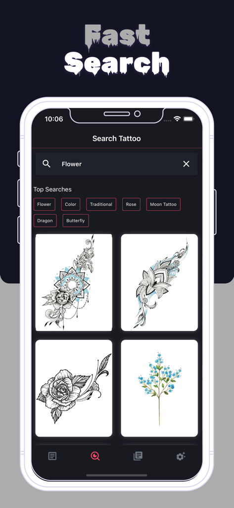 伝統的なバラなどの人気のある検索カテゴリや花のタトゥーデザインを示すモバイルアプリの検索画面
