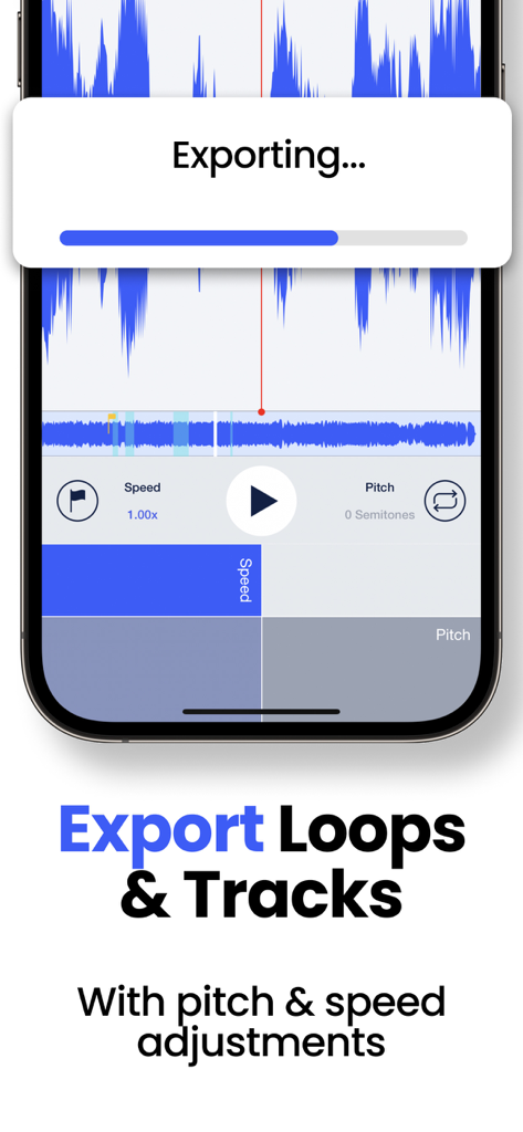 Speed Changer | Transcribe+ - Interface of Transcribe+ app displaying the export process for loops and tracks with pitch and speed adjustments.