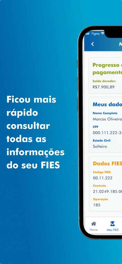 Interface do aplicativo Fies Caixa mostrando o progresso do pagamento do empréstimo estudantil e informações de contrato pessoal em um smartphone.