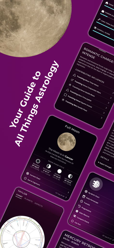 TimePassages Astrology - Colage de funciones de la aplicación TimePassages Astrology que incluyen cartas natales fases lunares y horóscopos diarios