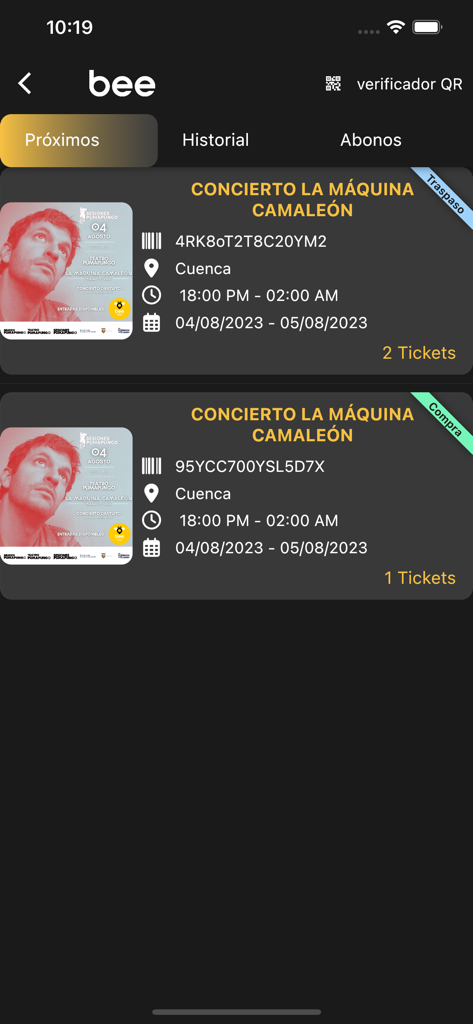 Bee App Ecuador - Mobile screen of Bee App Ecuador showing digital tickets for a concert in Cuenca