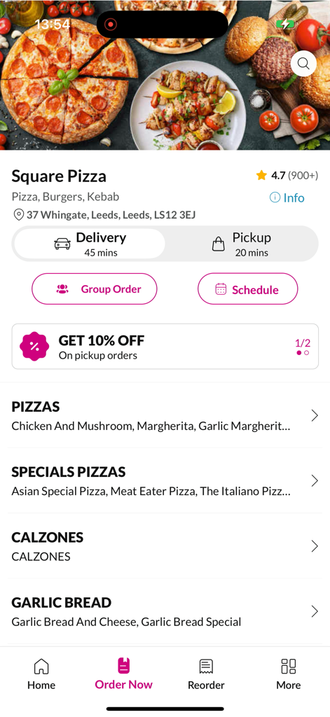 Square Pizza Leeds app interface showing delivery options, discounts, and food categories like pizzas and calzones