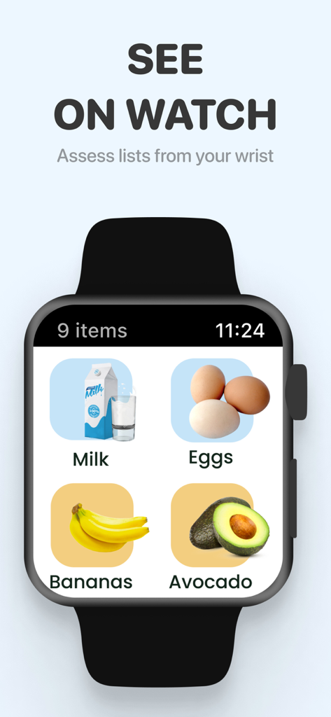 Interfaz de la aplicación de lista de la compra ToBuy mostrada en la pantalla de un Apple Watch con iconos de leche, huevos, plátanos y aguacate