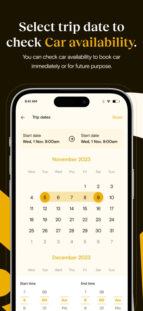 GTi Rides app interface for selecting car rental trip dates and checking vehicle availability on a calendar