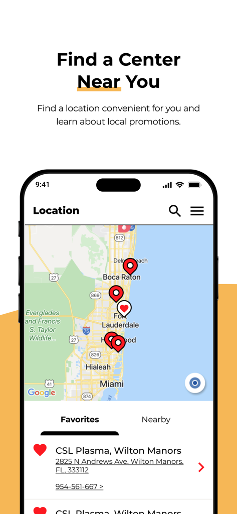 CSL Plasma mobile app screen showing a map with nearby donation center locations.