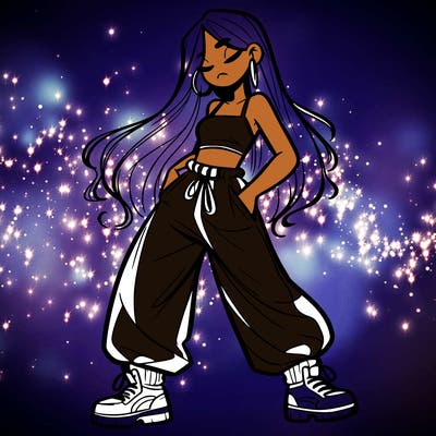 girl in baggy pants crop top and long hair