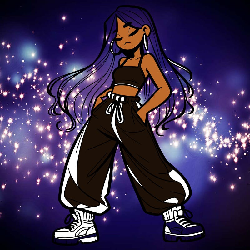 girl in baggy pants crop top and long hair