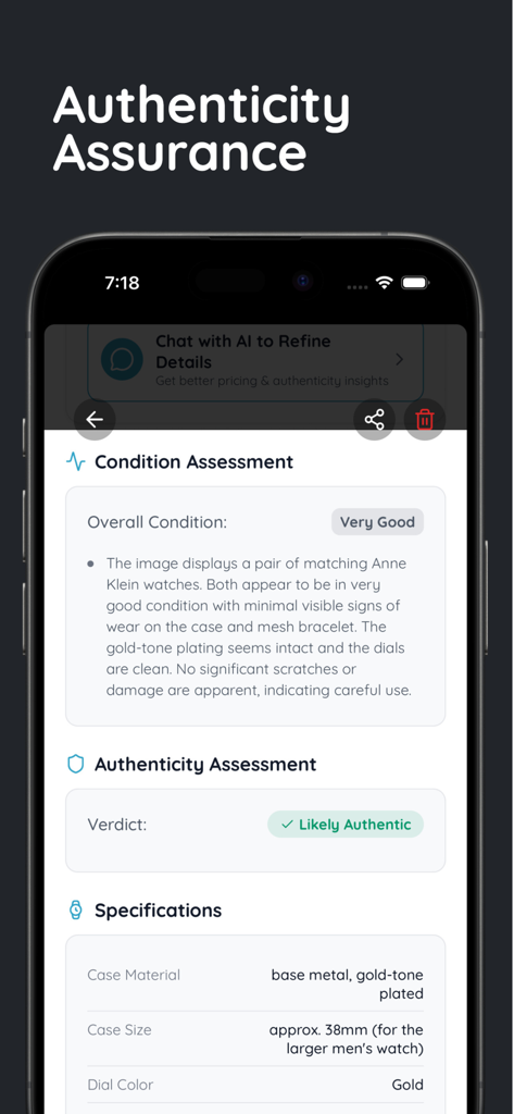 Watch Identifier and Value - Watch identification app screen showing condition assessment and authenticity verdict of likely authentic for a luxury timepiece.