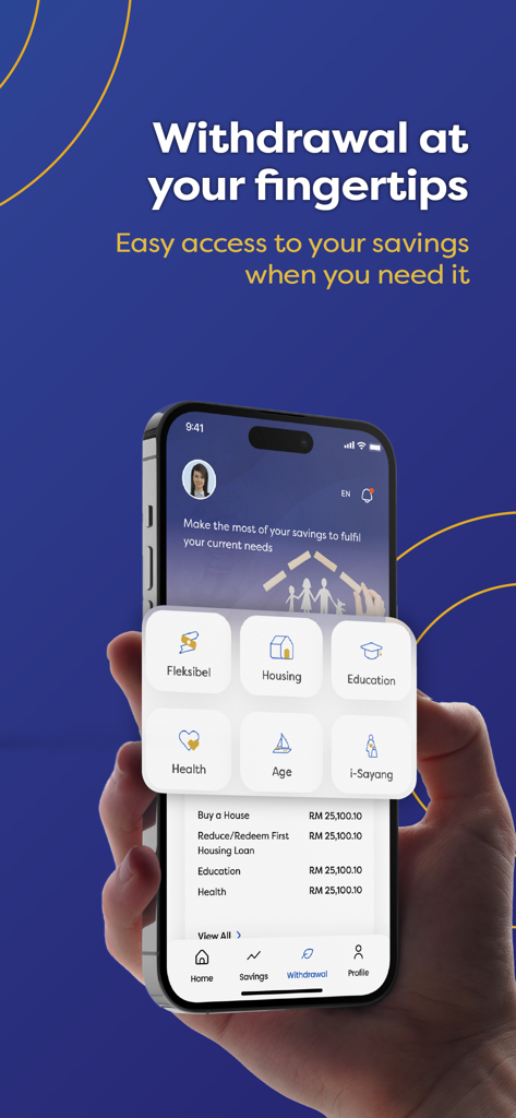KWSP i-Akaun - Interfaz de la aplicación móvil KWSP i-Akaun que muestra varias categorías de retiro, como vivienda y educación.