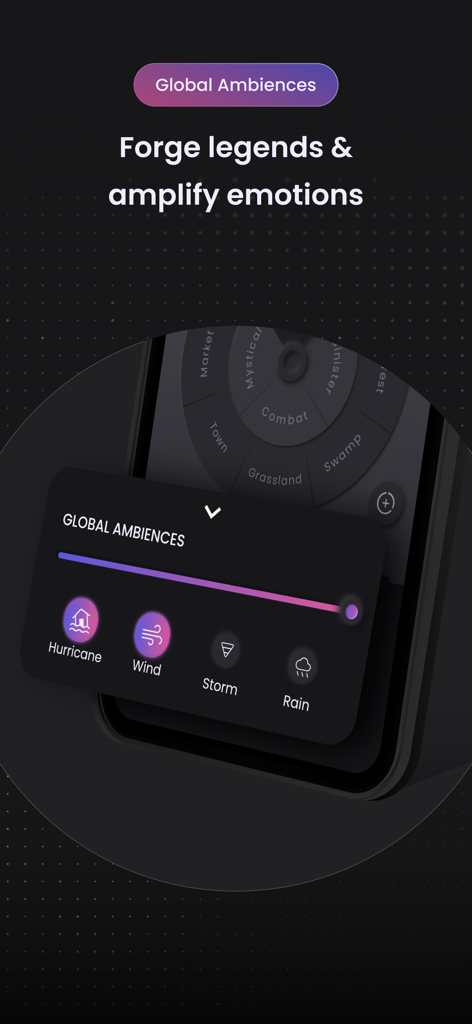 TableTone: TTRPG Music & Sound - Pantalla de la aplicación móvil TableTone que muestra opciones para ambientes globales temáticos del clima como Huracán y Lluvia.