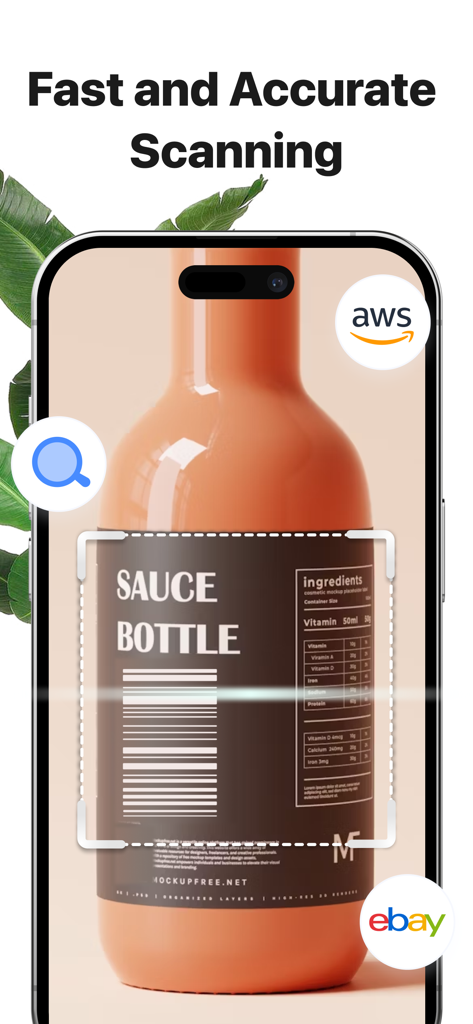 iPhone screen displaying the Barcode Guru app scanning a product barcode on a sauce bottle