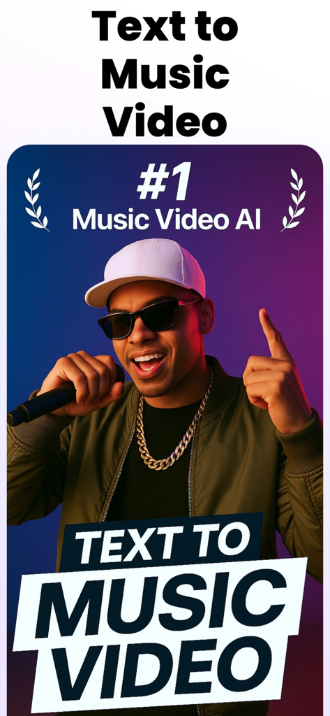 Rap AI - Make Music Videos - A man in a cap and sunglasses holding a microphone with a Text to Music Video overlay