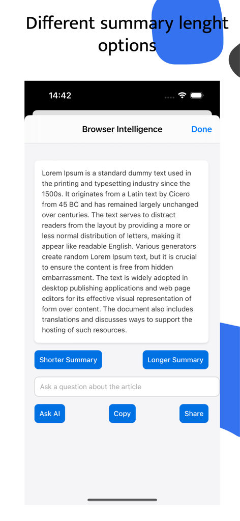 Browser Intelligence - Interface of Browser Intelligence app with options for shorter or longer summaries and an interactive AI Q&A field