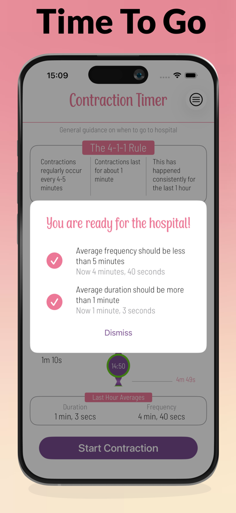 A mobile app screenshot showing a notification stating You are ready for the hospital with a checklist of labor contraction frequency and duration.