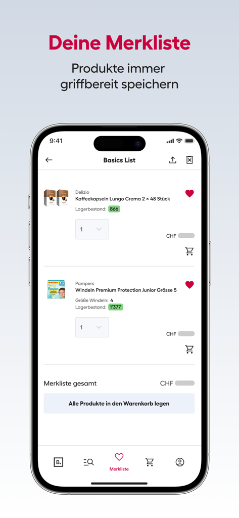 Brack app wishlist screen showing saved household products like coffee capsules and baby diapers