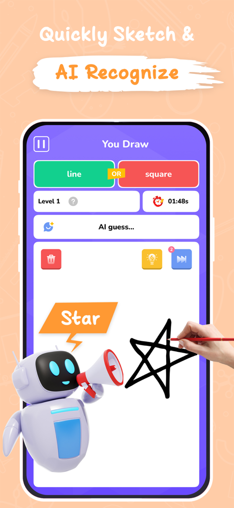 AR Draw Sketch & Trace © - A smartphone interface showing a hand drawing a star and an AI robot character recognizing the sketch.