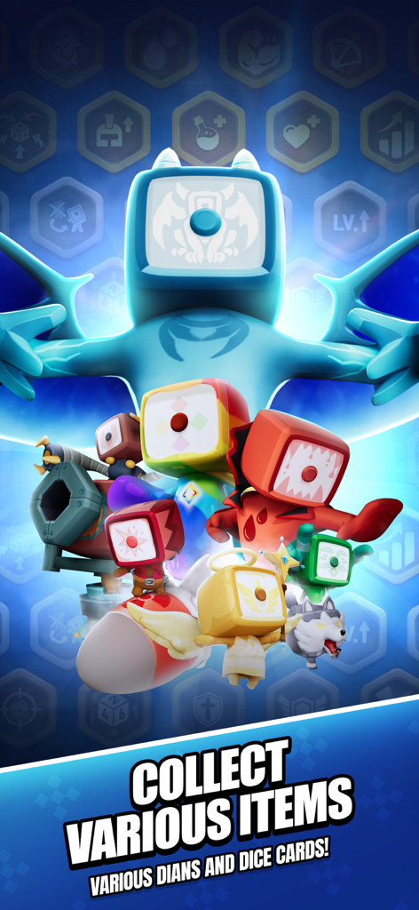 Un gruppo di colorati personaggi a forma di cubo chiamati Dian e una grande figura blu in Random Dice RollRoll