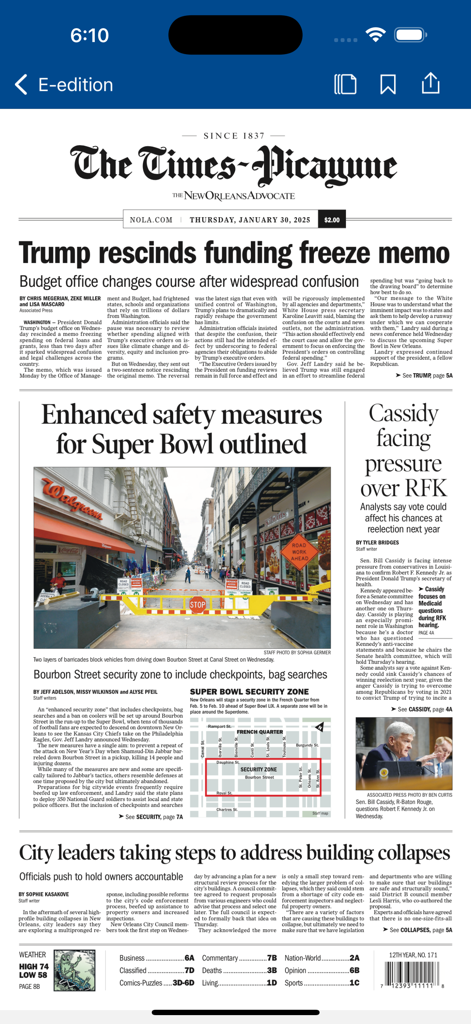 Digitale e-Edition der Zeitung The Times-Picayune in der NOLA.com-App.