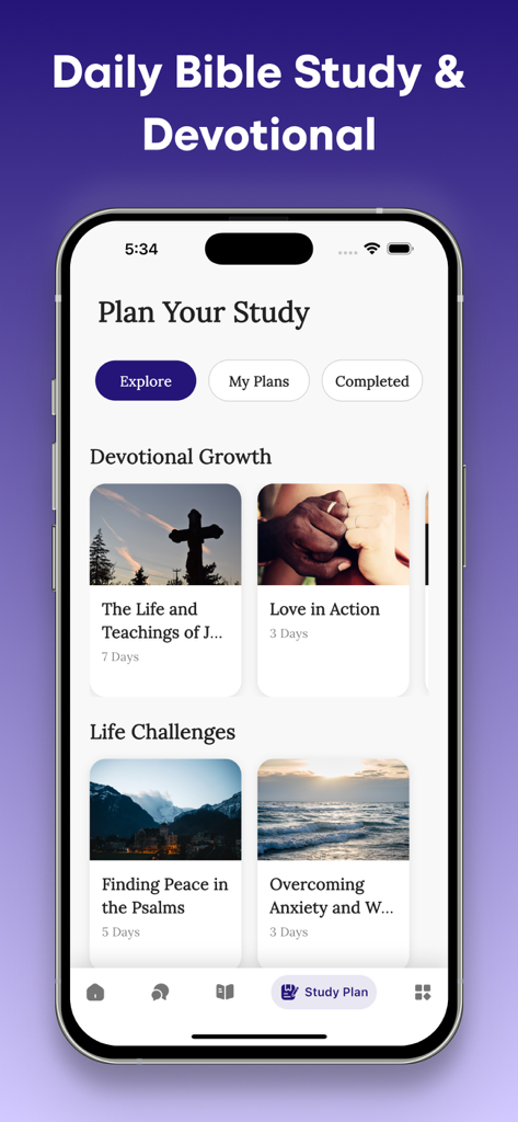BibleHi: Bible Chat & Prayer - Interfaz de la aplicación BibleHi que muestra planes de estudio diarios y categorías de crecimiento devocional.