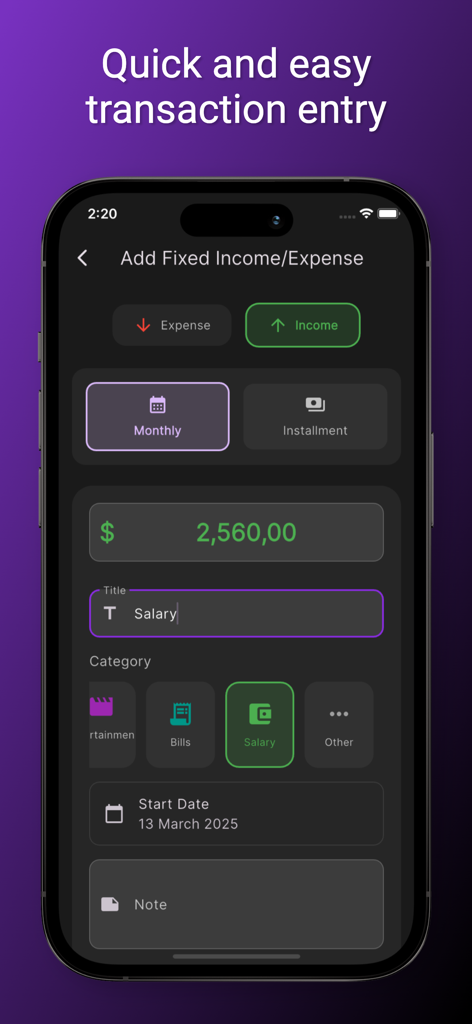Smart Wallet - Budget Tracker - Pantalla de la aplicación Smart Wallet que muestra cómo agregar una transacción de ingreso de salario mensual