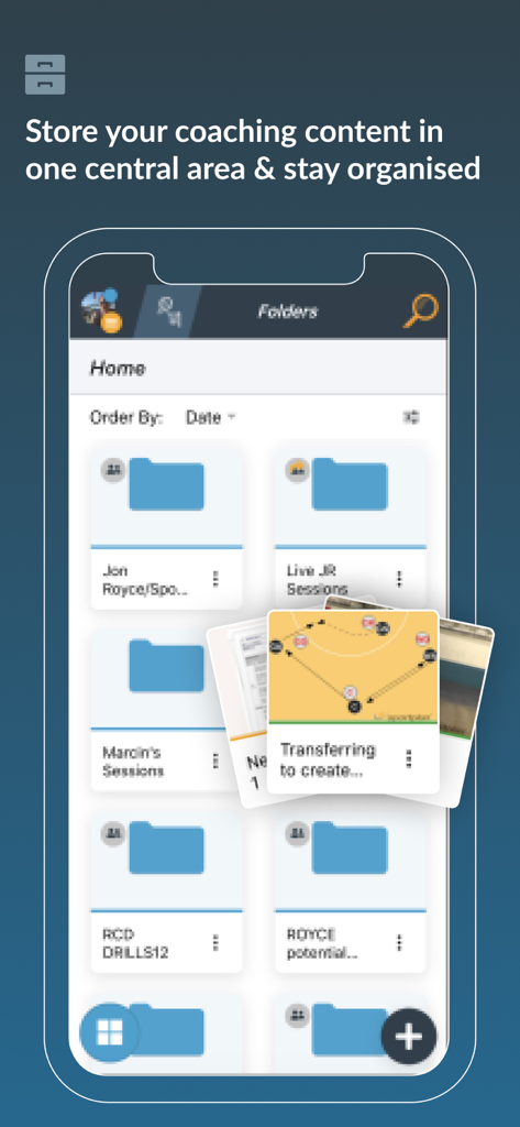 Sportplan - Interface of the Sportplan app showing organized folders for coaching drills and sessions.