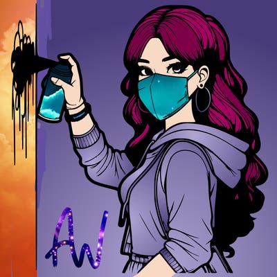 realistic girl with mask spray painting a wall