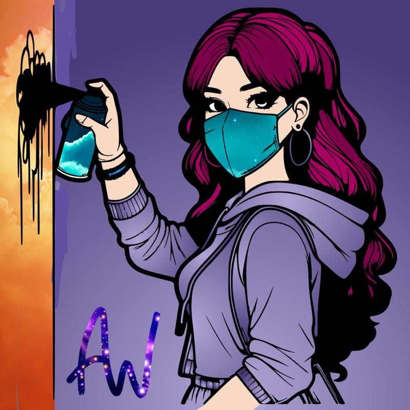realistic girl with mask spray painting a wall