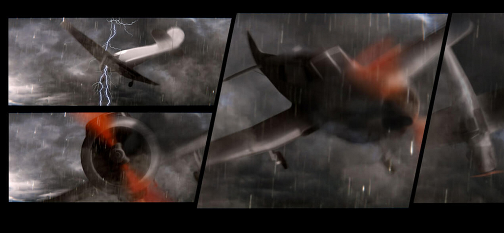 Comic panels showing a propeller plane flying through a dark lightning storm