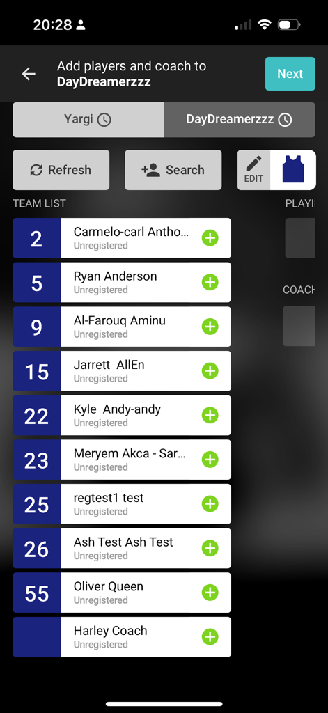 Courtside by SportsTG - Courtside app interface for adding players and coaches to a basketball team roster.