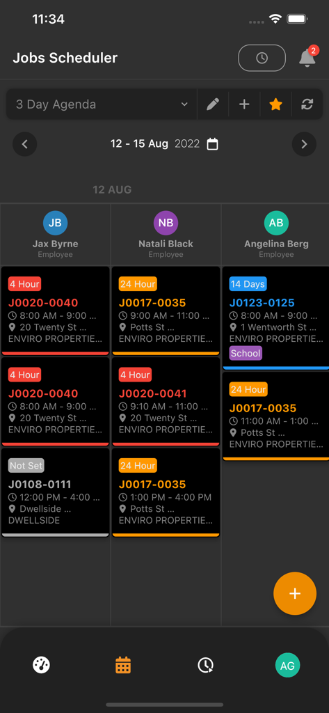 The WorkBuddy Manager mobile app Jobs Scheduler screen displaying a 3 day agenda with job assignments for various employees.