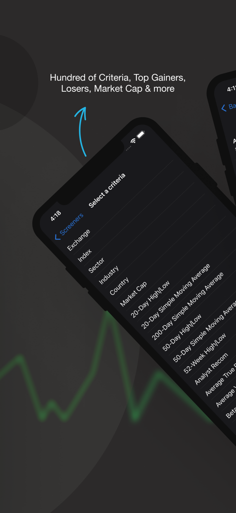 Interface do aplicativo Stock Screener mostrando uma lista abrangente de critérios de filtragem de ações e indicadores técnicos