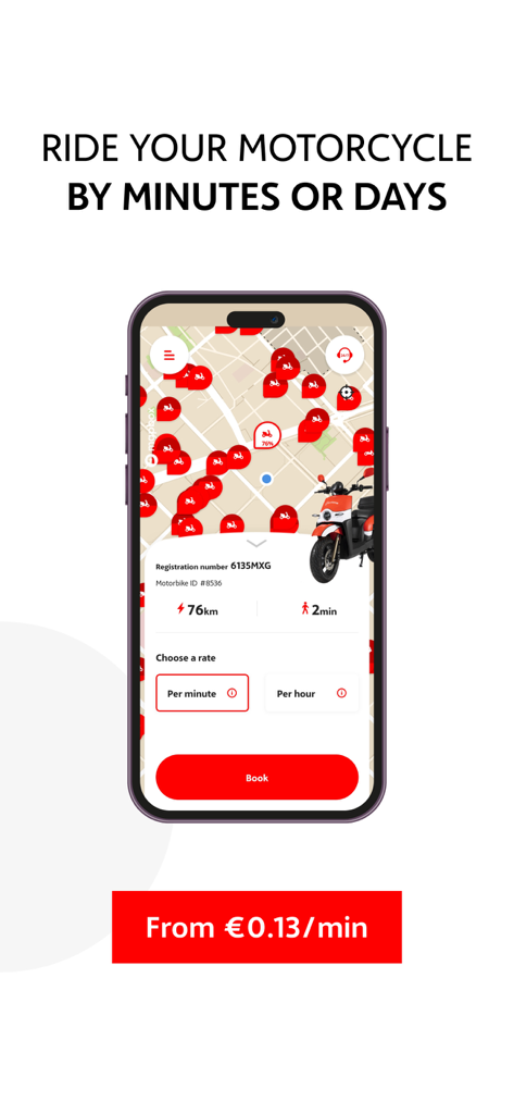 ACCIONA motosharing movilidad - Smartphone displaying the ACCIONA motosharing app interface with a map of available electric scooters and booking options by minute or hour