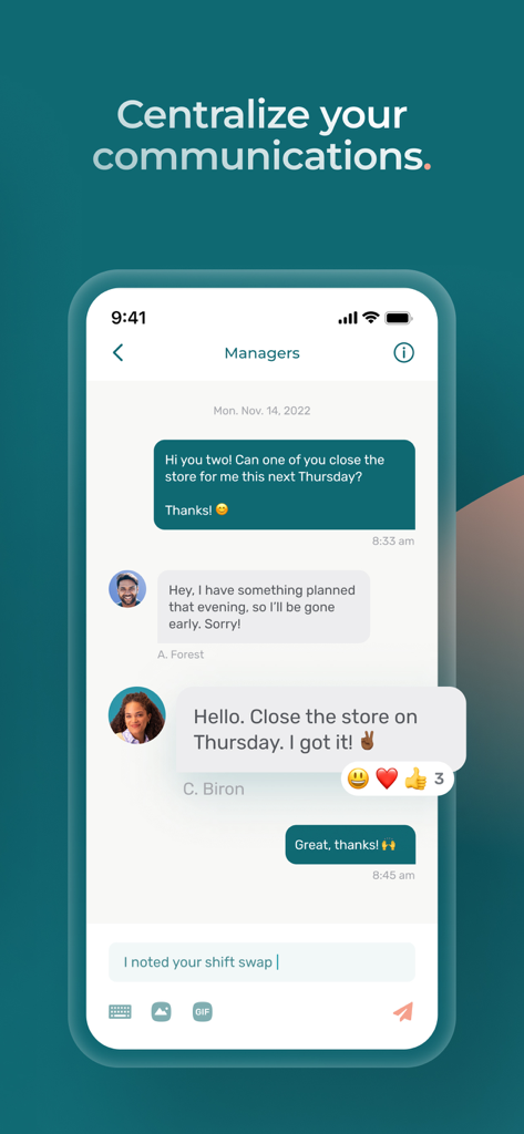 Agendrix – Employee Scheduling - The Agendrix app chat interface showing a manager and employees discussing shift changes and store closing.