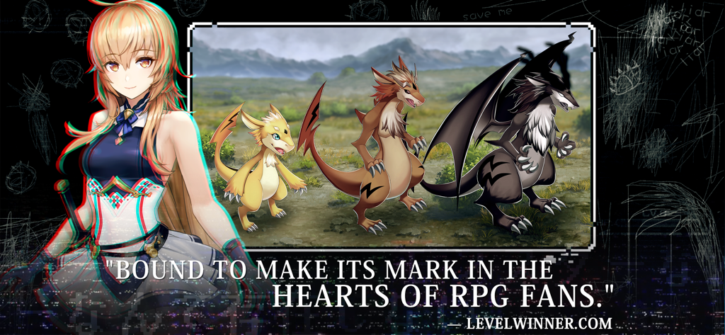 Evertale - Captura de pantalla del juego móvil Evertale con etapas de evolución de monstruos y un personaje de anime con una cita de reseña de RPG.