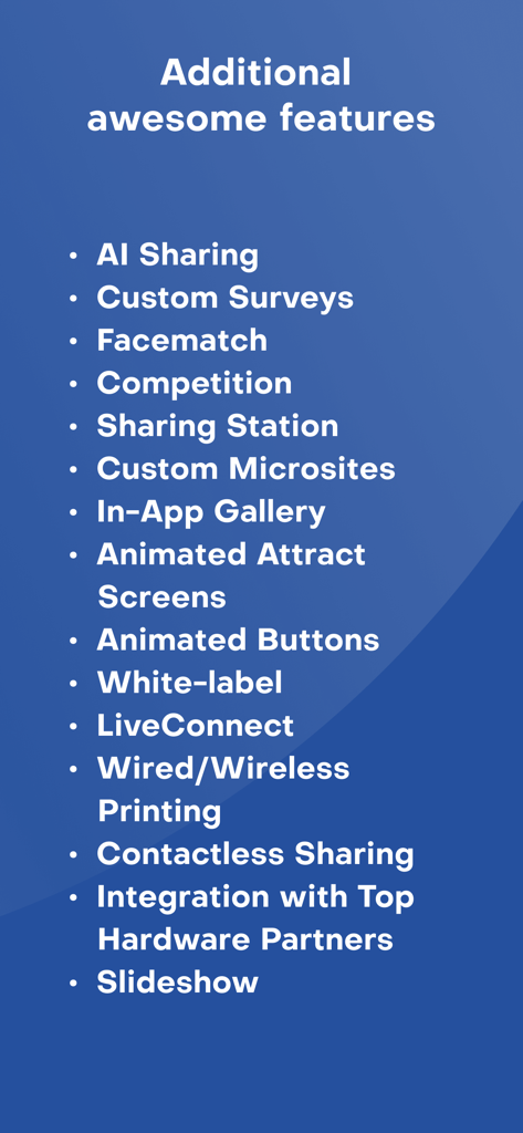 A list of additional features for Snappic Booth including AI sharing custom surveys and white label options