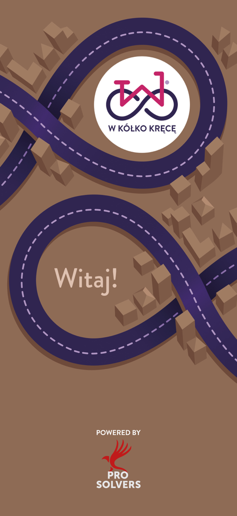 W kółko kręcę - Pantalla de bienvenida de la aplicación de competición ciclista W kolko krece que muestra carreteras estilizadas de la ciudad y el logo oficial.